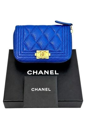 CHANEL Boy Blue Caviar Quilted Leather Zip Around Coin Purse Wallet W/ Box